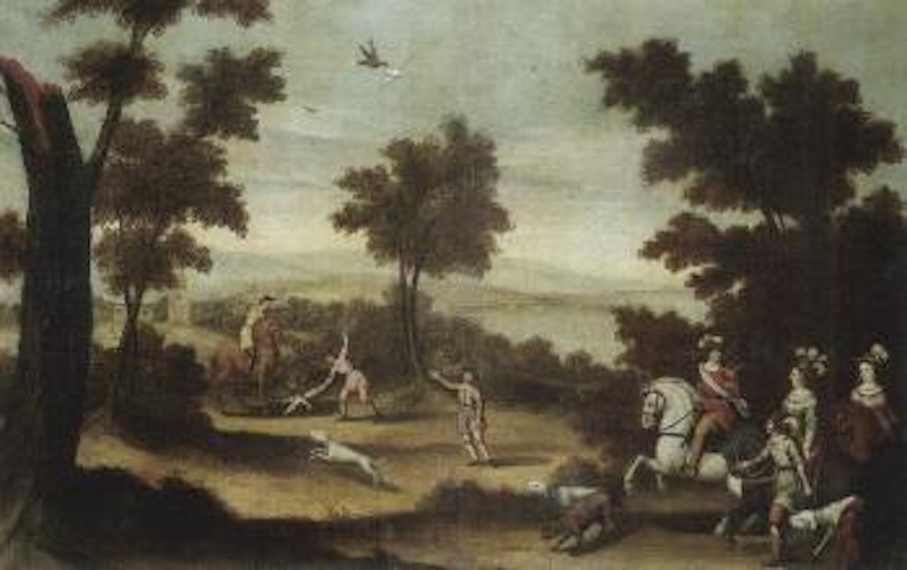 Hunting scenes in wooded landscape, lakes and mountains in the distance by Flemish School