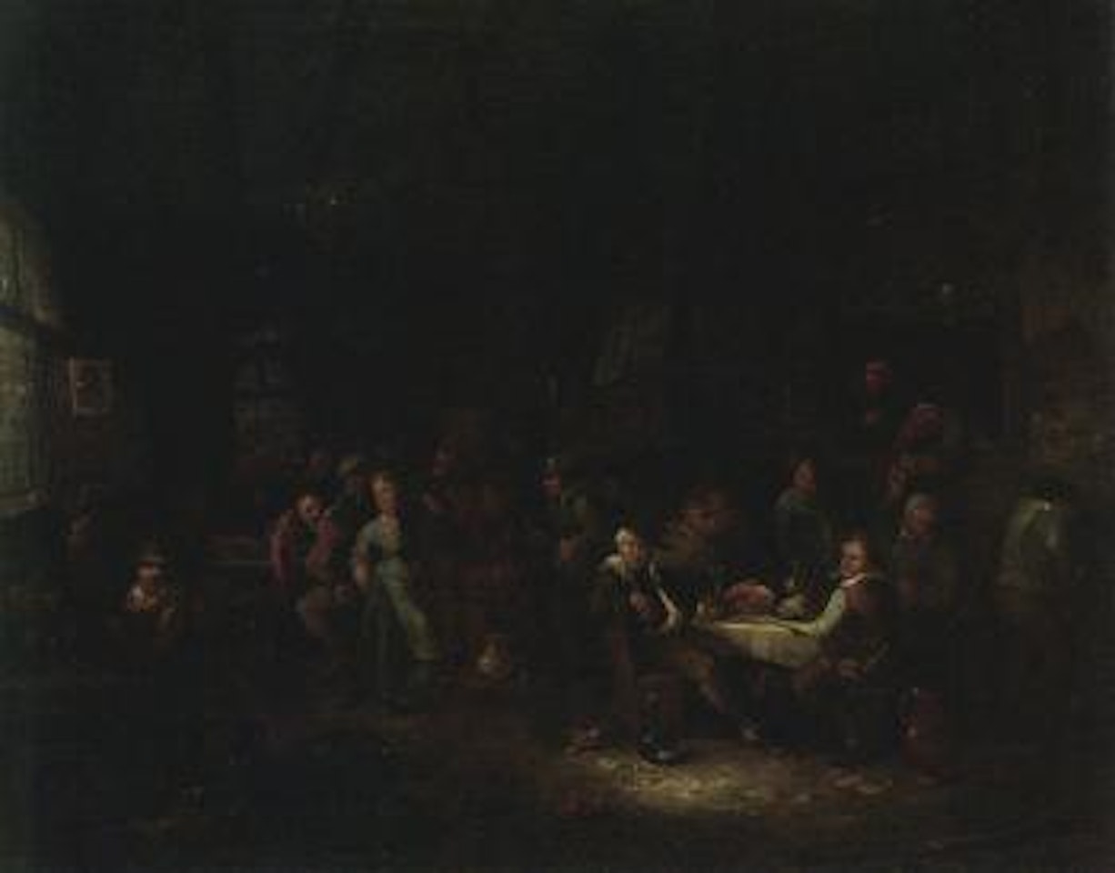 Tavern interior with peasants eating, drinking, smoking and dancing by Egbert van Heemskerk III