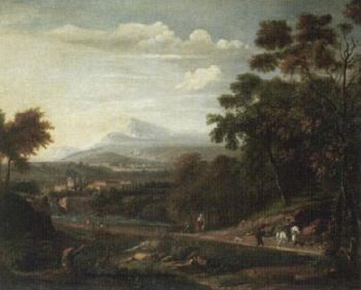 Italianate landscape with travellers on a winding path by Isaac de Moucheron