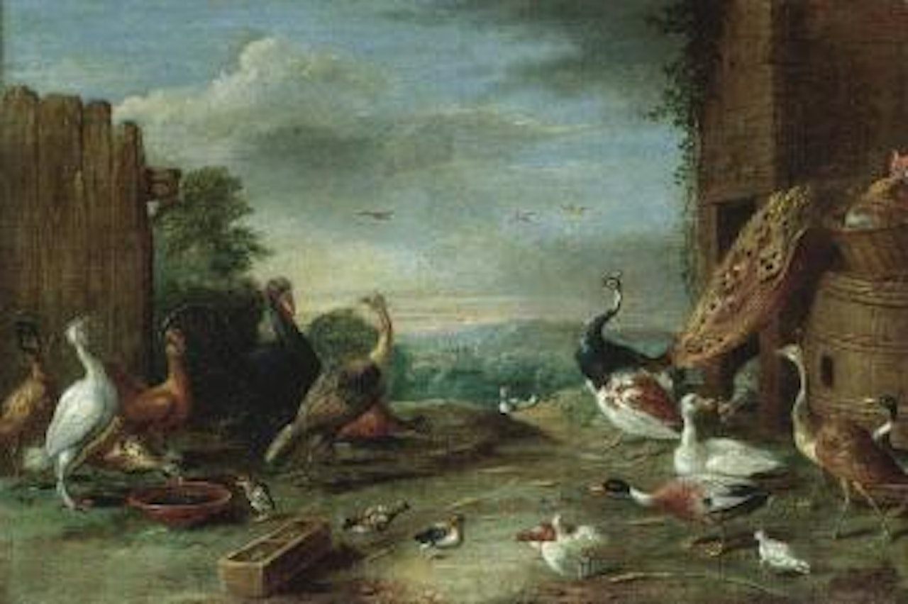 Landscape with peacocks, hens, ducks, turkey and other fowl by Jan Van Kessel The Elder