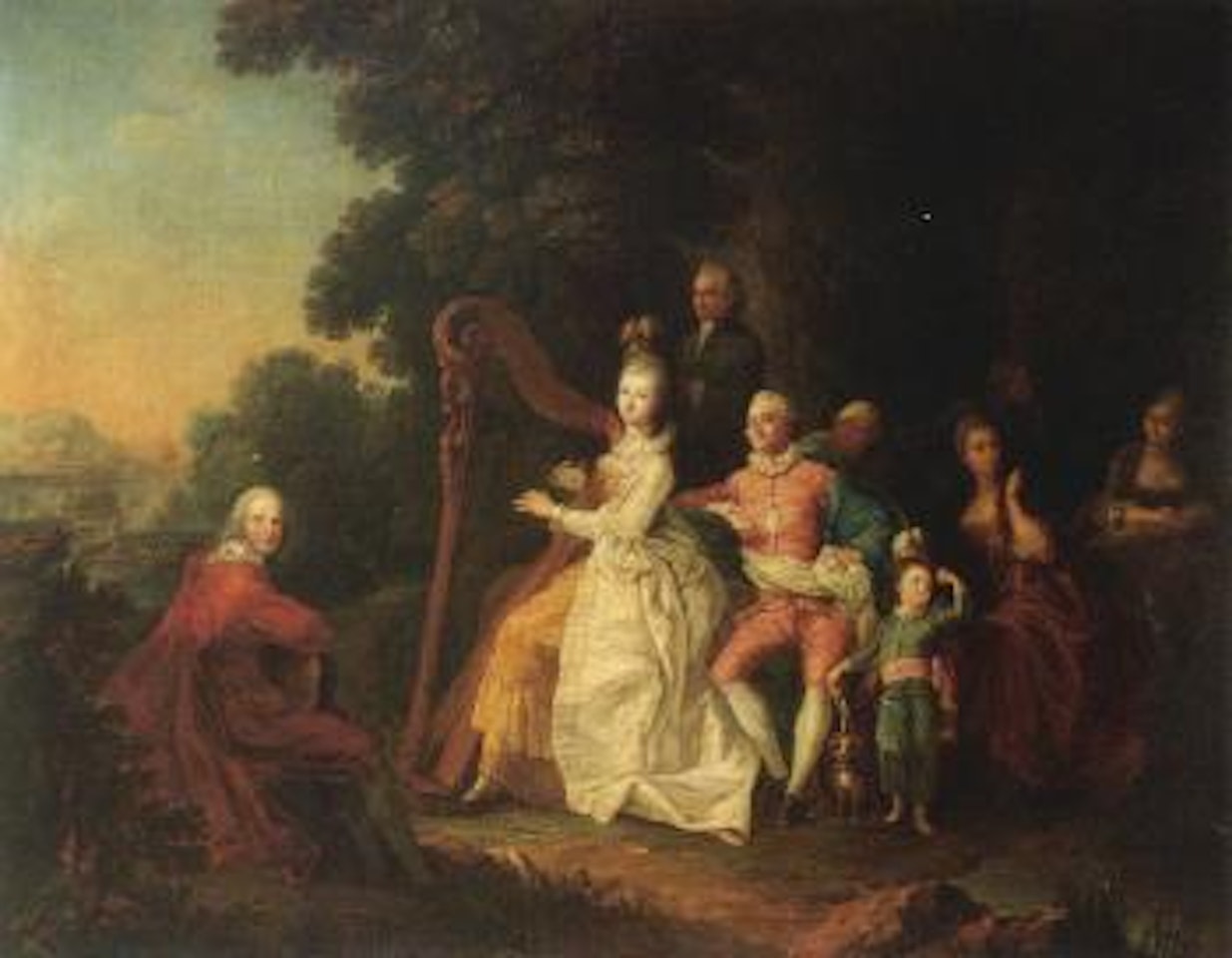 An elegant party in the countryside with a lady playing the harp and a man playing the guitar nearby by French School