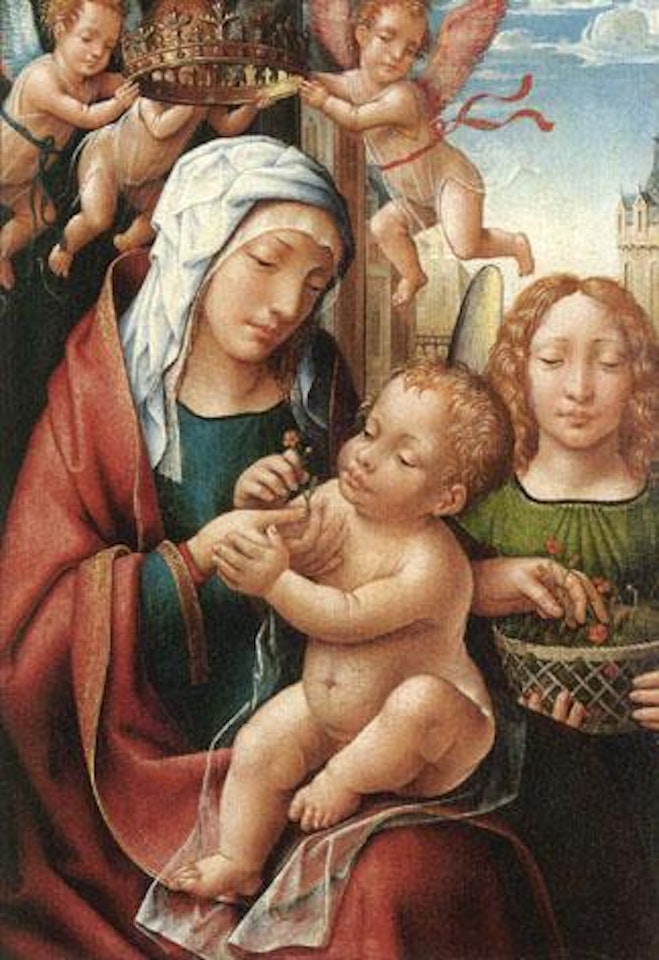 Virgin and Child enthroned with an angel holding a basket of flowers by Netherlandish School