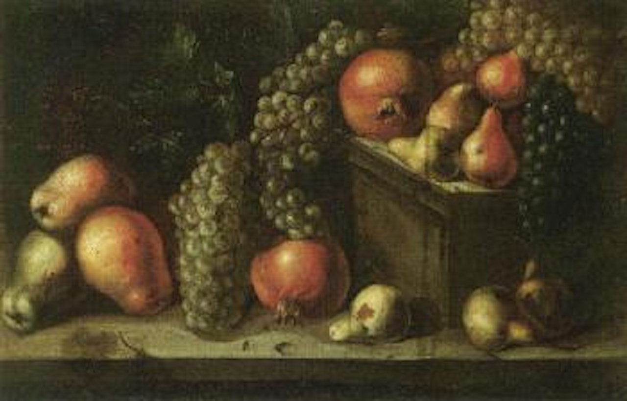 Still life of pears. pomegranates and grapes on a stone ledge by Italian School