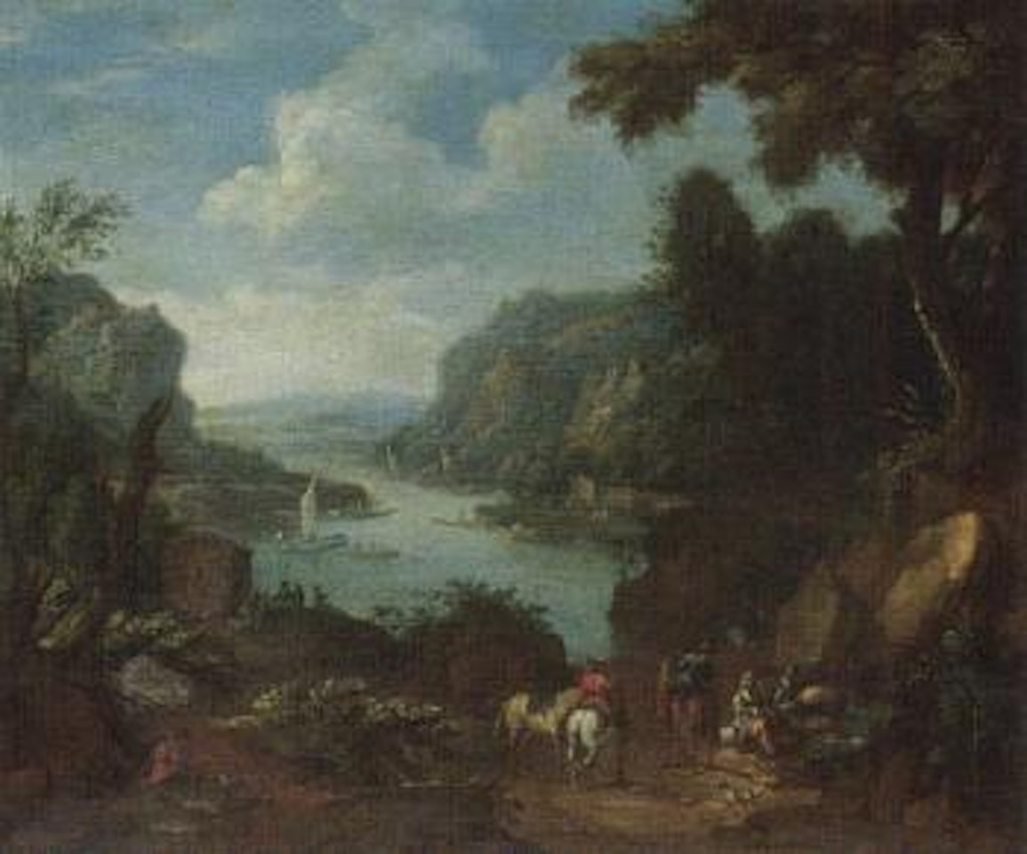 River landscape with horsemen and travellers conversing, fishermen beyond by Flemish School