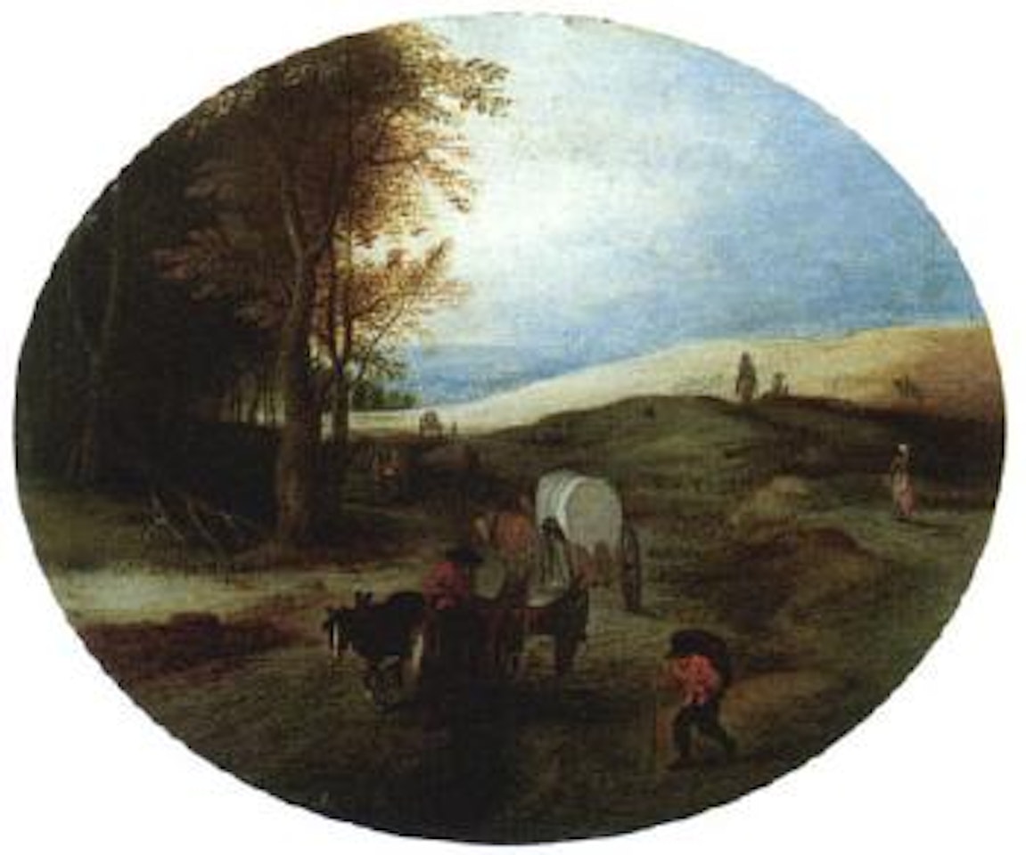An open landscape with travellers and horse drawn carts on a track by Jan Brueghel the Younger
