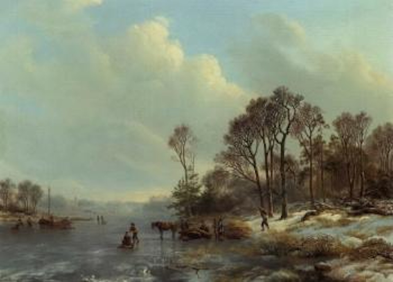 Frozen waterway with figures and foresters by Barend Cornelis Koekkoek