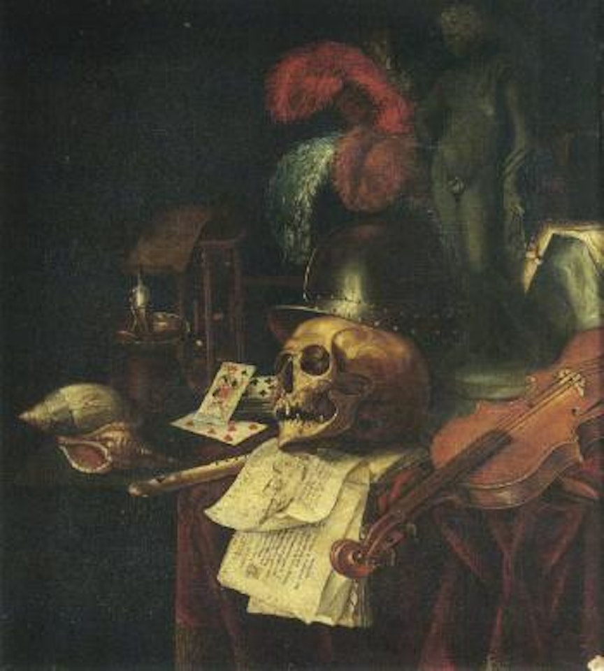 Vanitas still life with a skull supporting a plumed helmet resting on an open book by Dutch School
