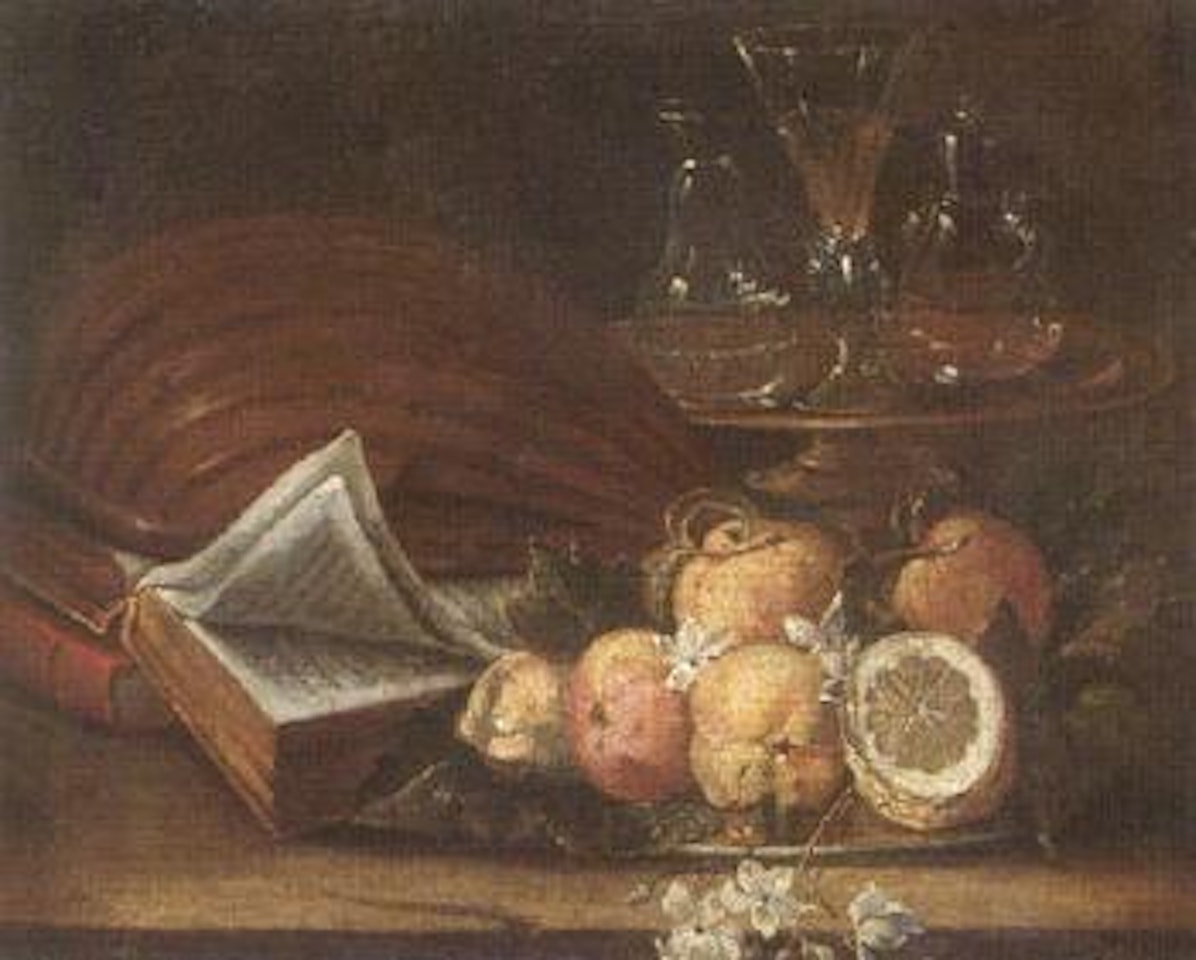 Still life of a lute, books, apples and lemons, glass of wine by Cristoforo Munari
