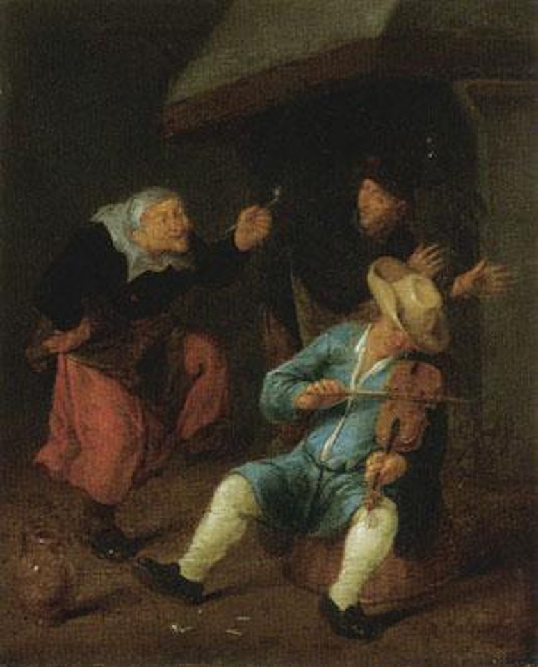 Interior with three peasants, one playing the violin and two dancing before a fireplace by Jan Miense Molenaer