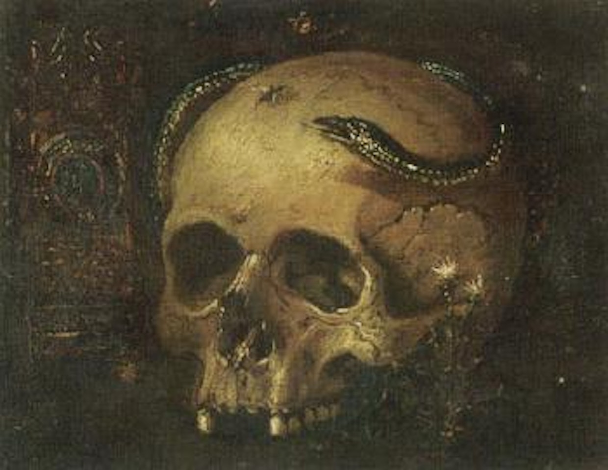 Vanitas still life with a skull, snake and clock by Antonio de Pereda