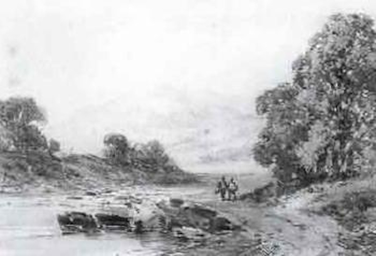 Figures on the riverbank by William Callow