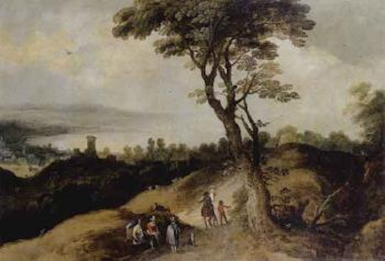Travellers and peasants on a road above a valley by Joos de Momper the Younger