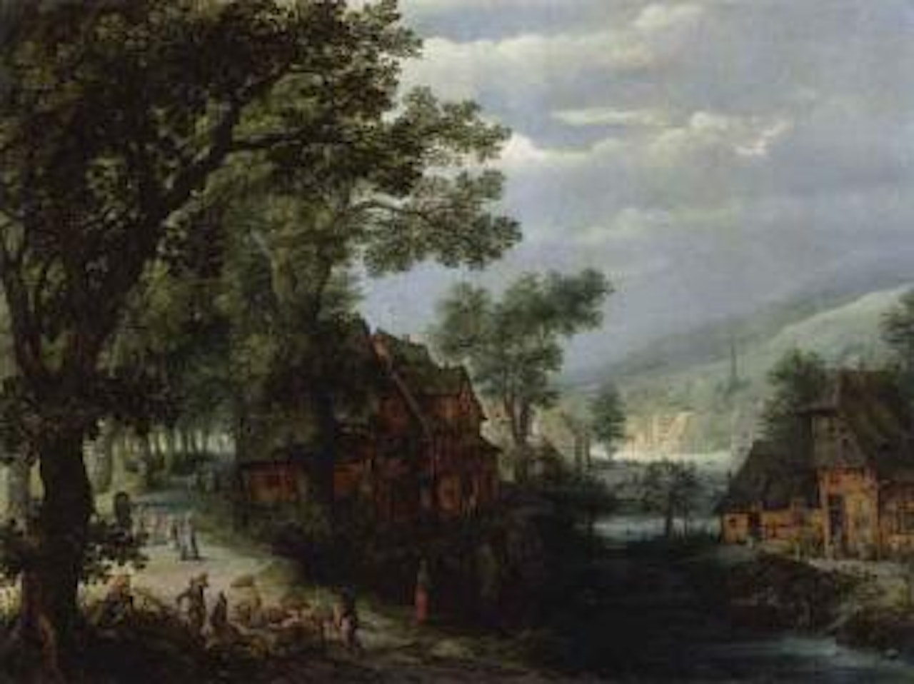 Hamlet by a river, with a swineherd and travellers on a track by Adriaen van Stalbemt