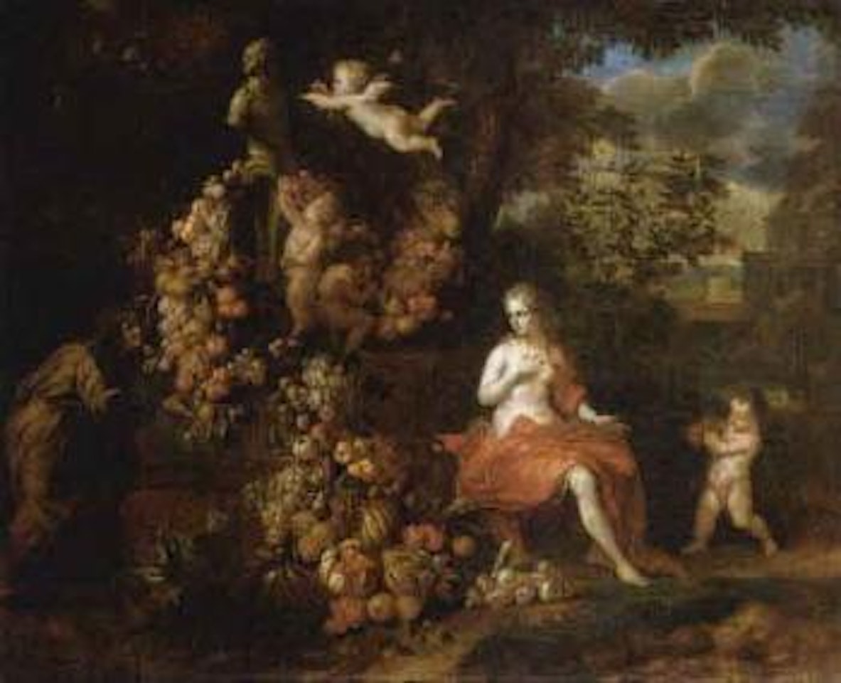 Vertumnus and Pomona, putti decorating a statue of Pan with a swag of fruit, in a landscape by Jan Pauwel Gillemans