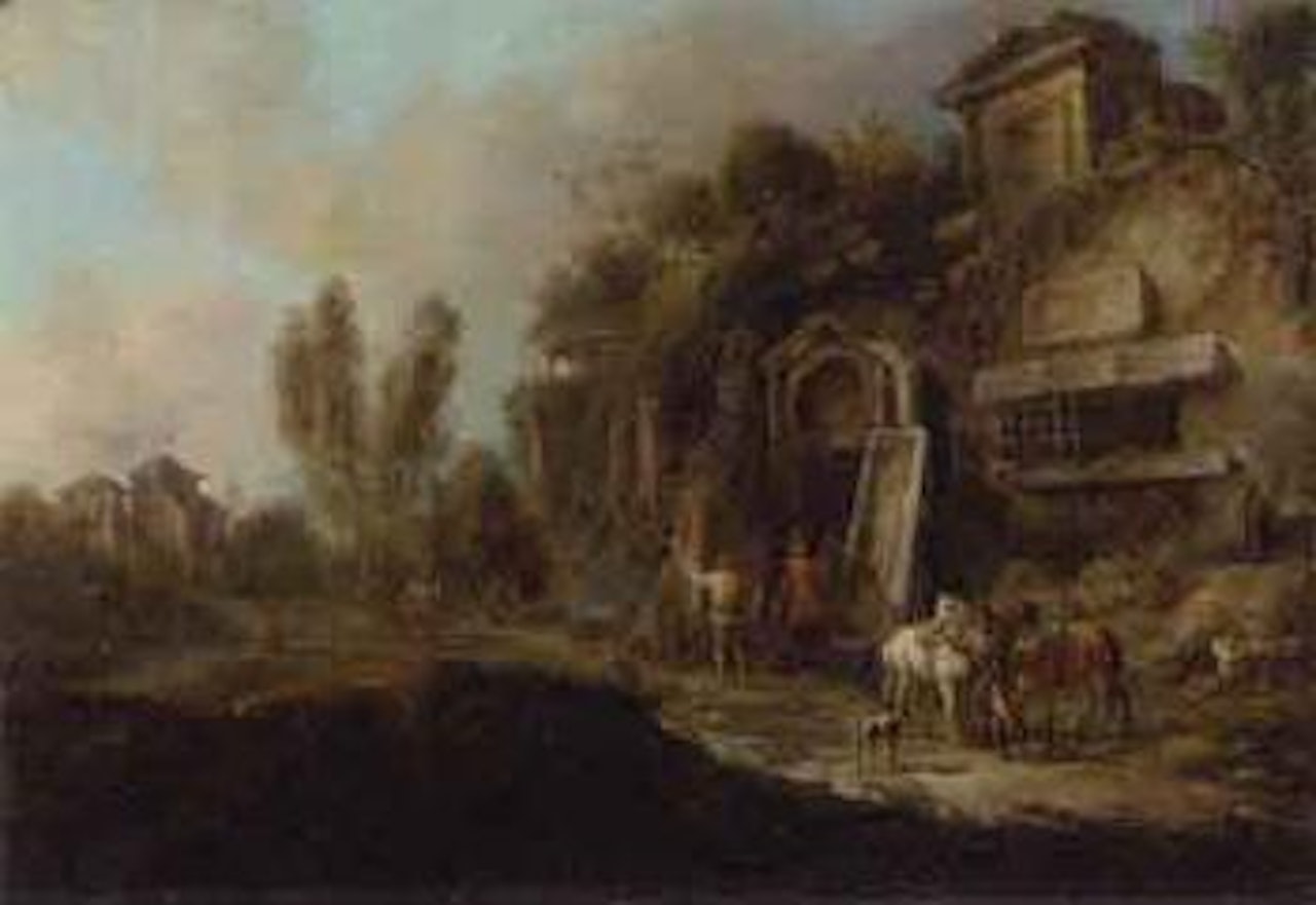 Sportsmen by a ruined mansion in an Italianate landscape by Francesco Zuccarelli