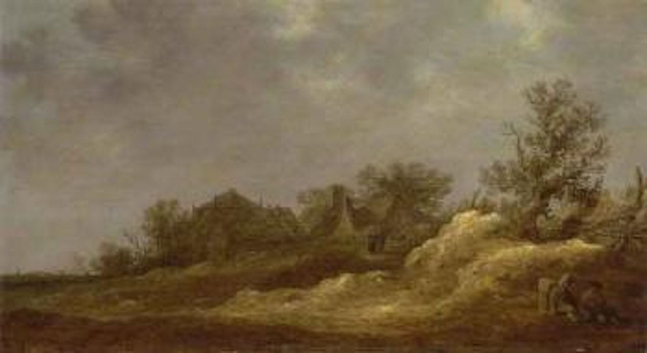 Travellers resting on a track, village in the distance by Jan van Goyen