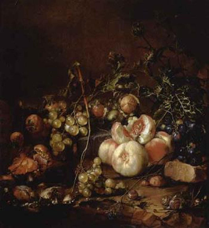Peaches, grapes, walnuts, mushrooms, snails on a river bank by Cornelis de Heem