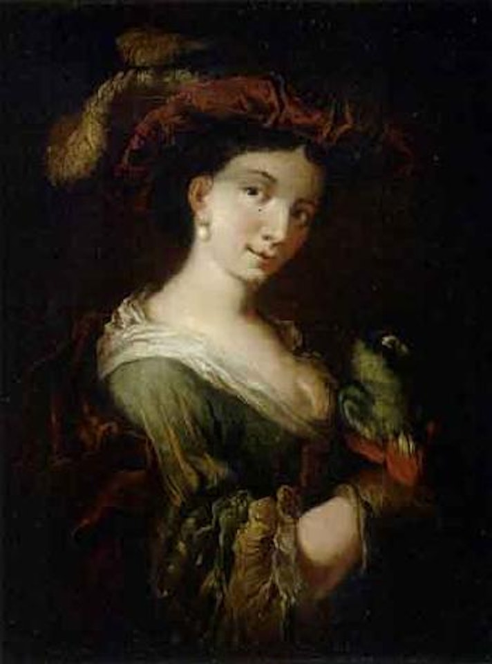Lady in a feathered hat, holding a parrot. Youth playing the flute by Christian Wilhelm Ernst Dietrich