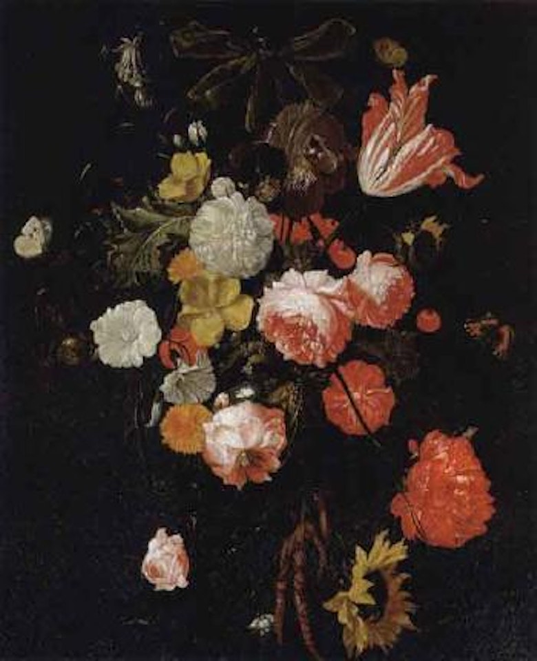 Swag of tulips, roses, sunflowers and other flowers hanging from a ribbon by Cornelis de Heem