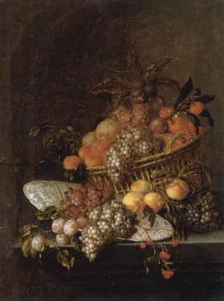 Grapes, peaches, oranges and other fruit in a basket on a stone ledge by Jan Pauwel Gillemans