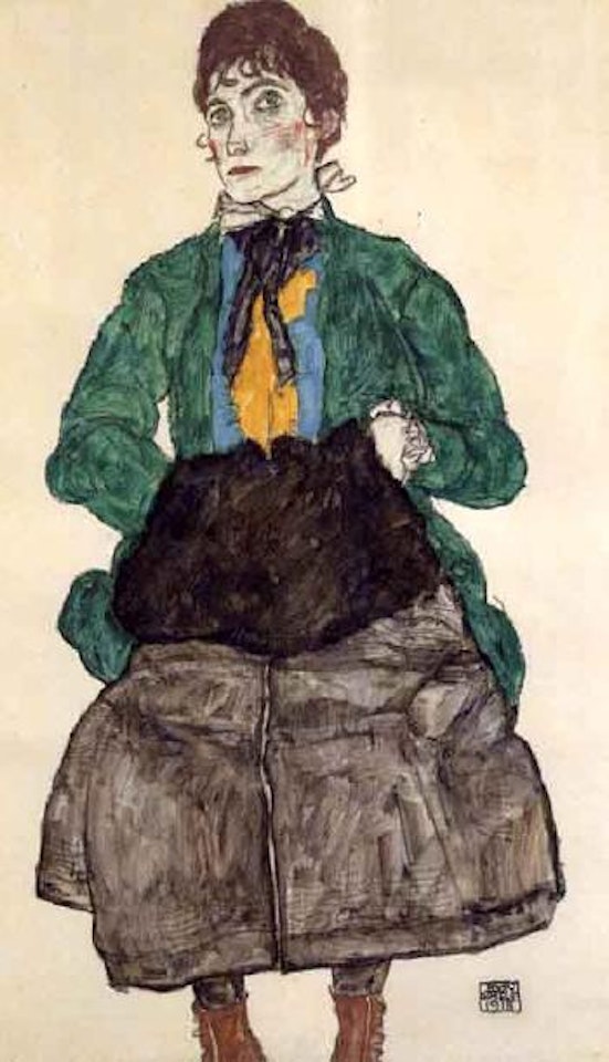 Frau in gruner bluse mit muff by Egon Schiele