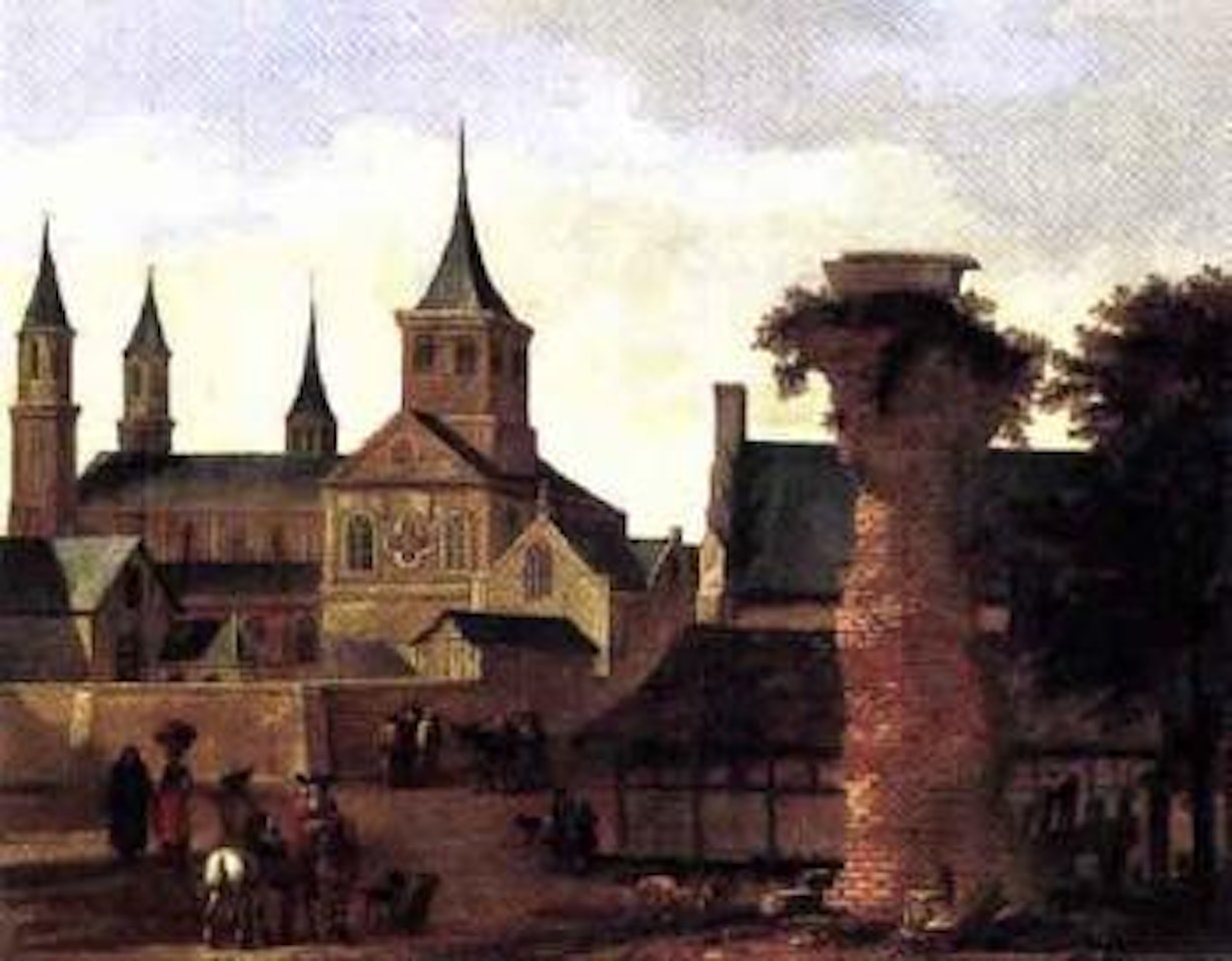View of a town with a Romanesque church beyond by Dutch School