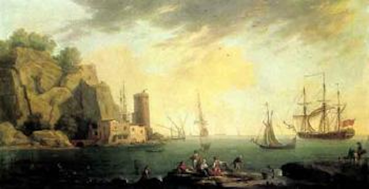 View of a Mediterranean harbour with fishermen on a rocky shore by Claude Joseph Vernet