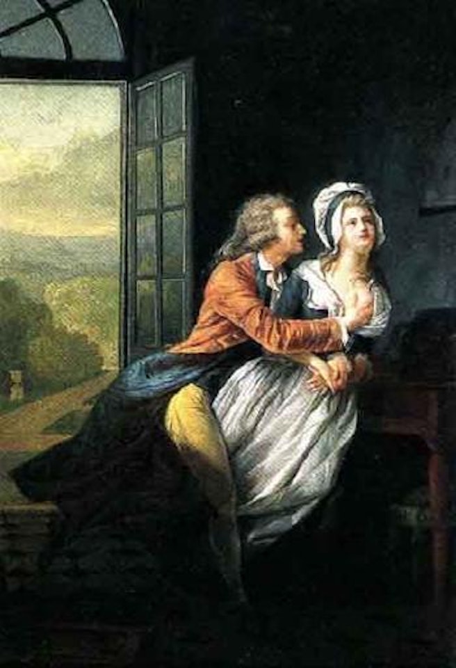 Amorous couple in an interior by Jean Frédéric Schall