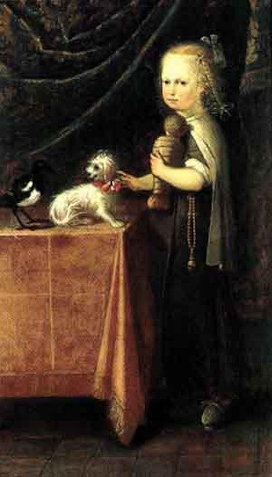 Portrait of a young girl holding a doll by German School