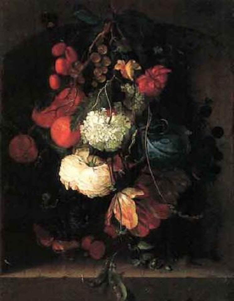 Bunch of flowers, and fruit, hanging from a ribbon, with a moth and mouse by Jacob van Walscapelle