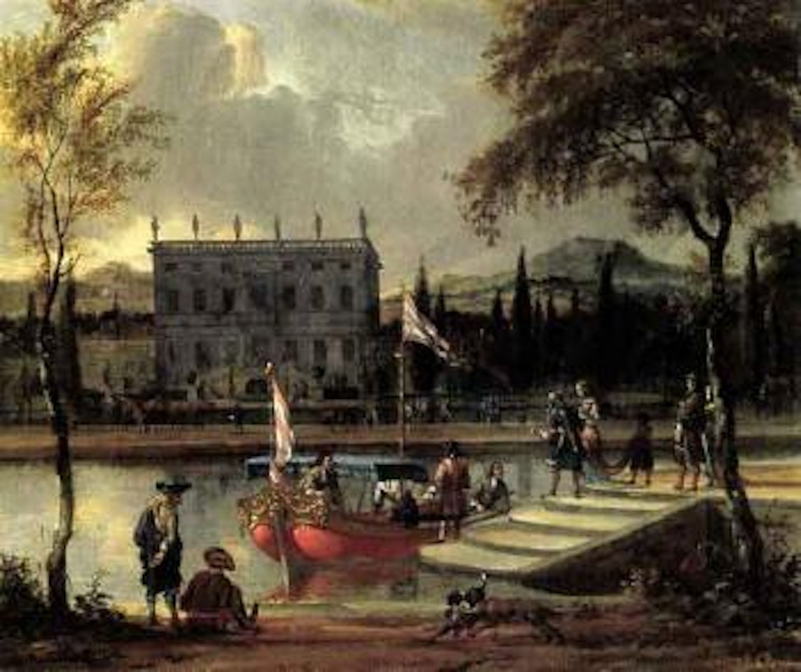 Elegant company embarking onto a barge, a manor house beyond by Abraham Storck
