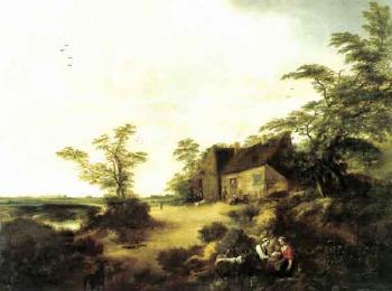 Landscape with a cottage and peasants near a river by Dutch School