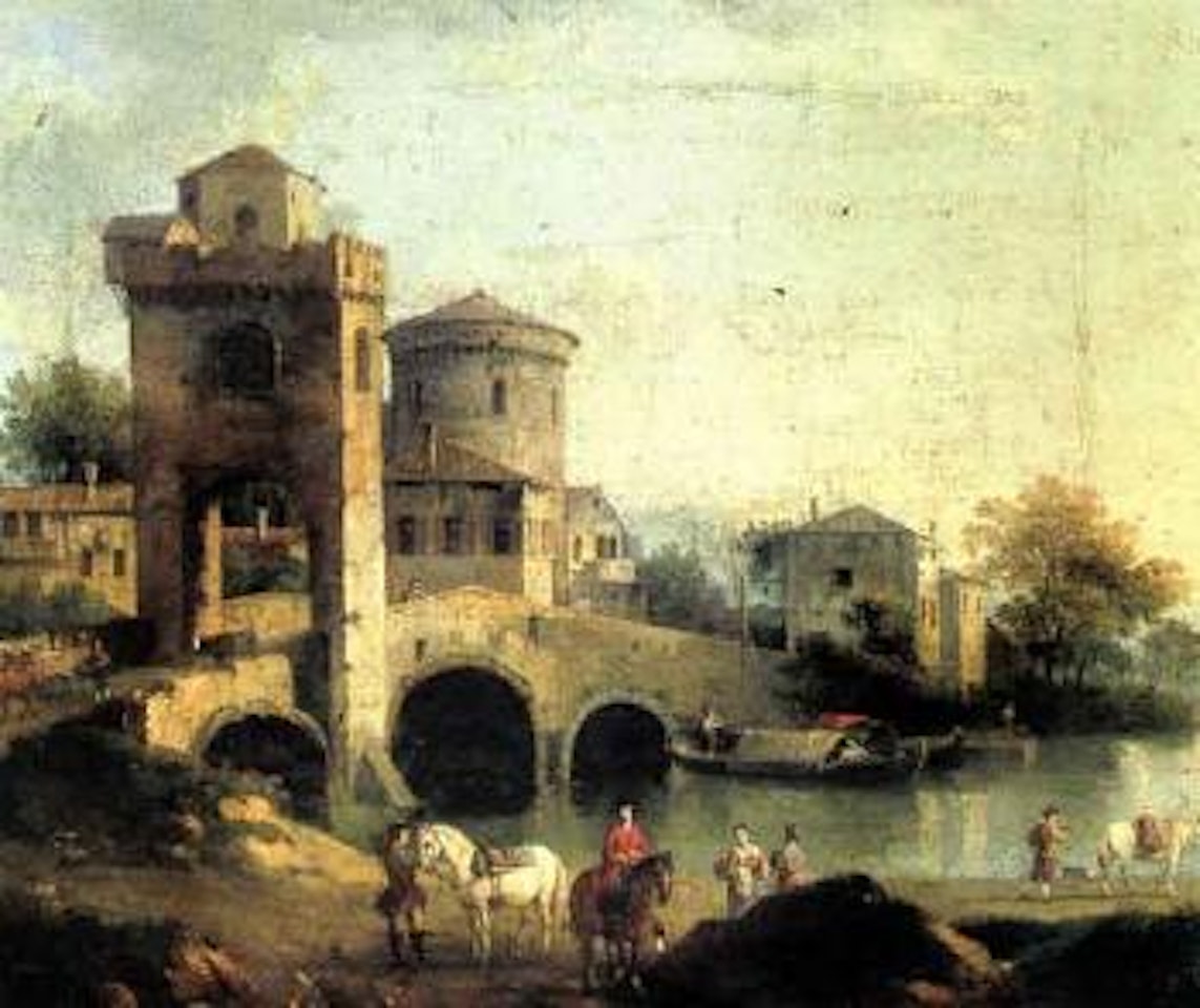 Italianate river landscape with figures by Giovanni Battista Cimaroli