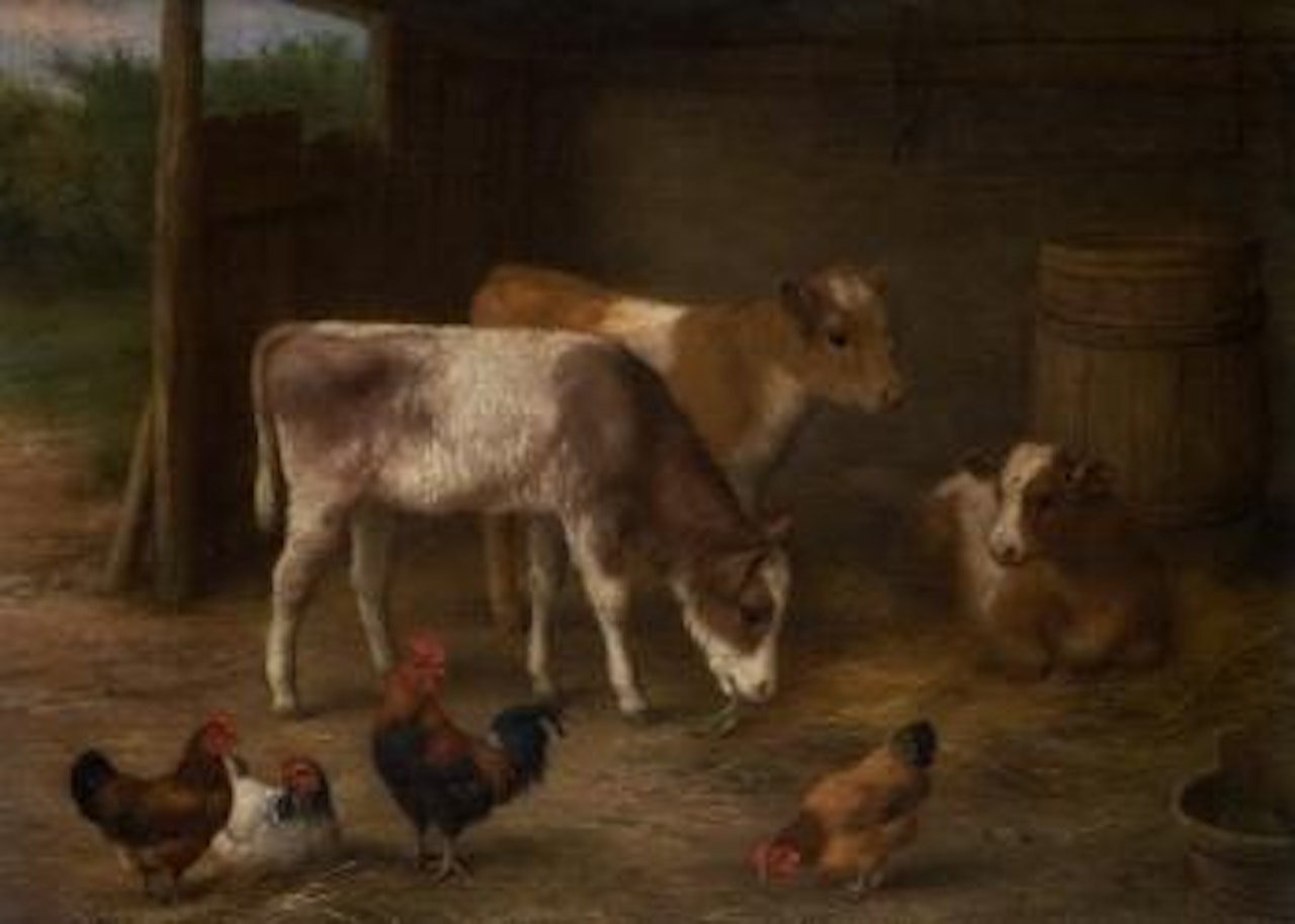 Calves and chickens in a stable interior by Edgar Hunt