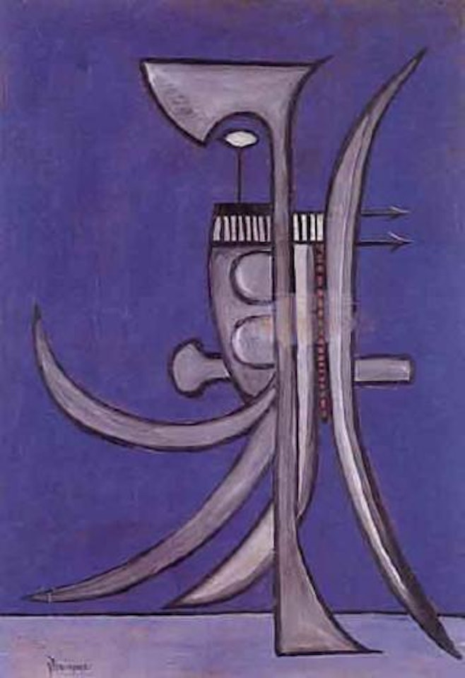 La machine grise sur fond bleu by Oscar Dominguez