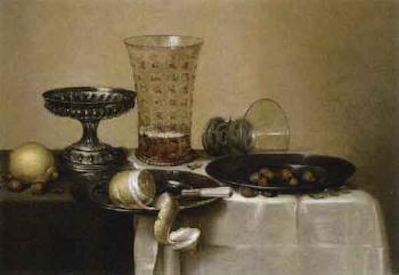 Peeled lemon, knife and hazel-nuts on pewter plates with a lemon, beer glass on a table by Willem Claesz Heda