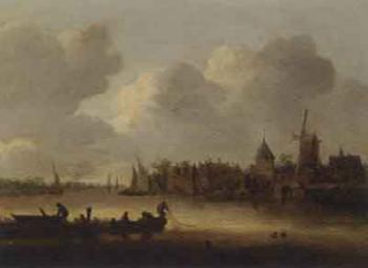 River landscape with fishermen hauling in nets, village beyond by Jan van Goyen