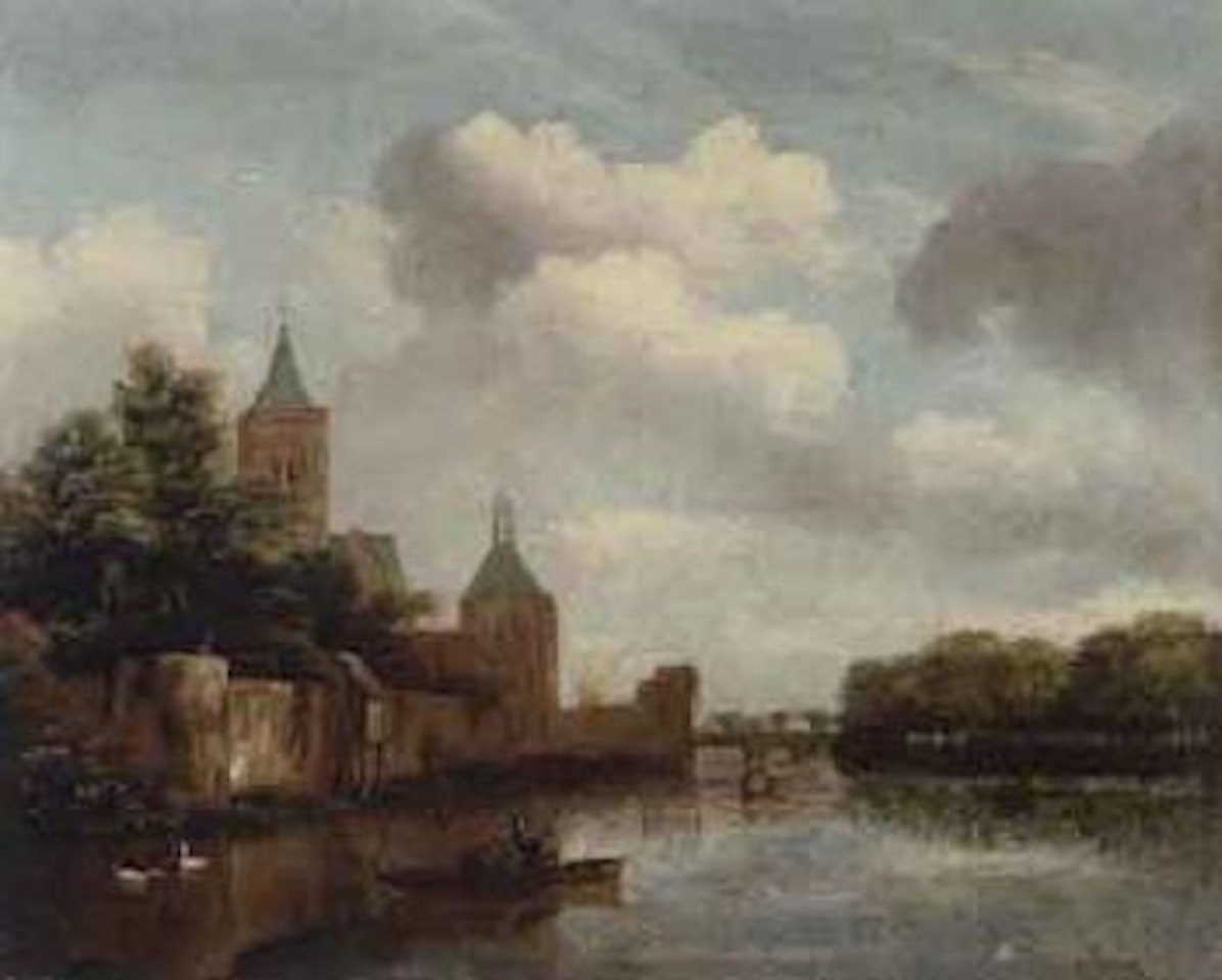Fishermen in punt outside Amsterdam walls by Jan Van Kessel The Elder