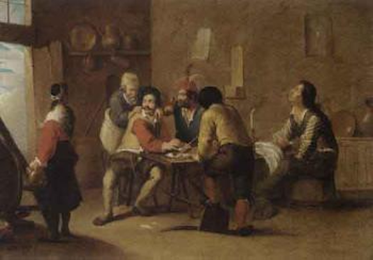 Peasants smoking and drinking in tavern by Cornelis de Wael