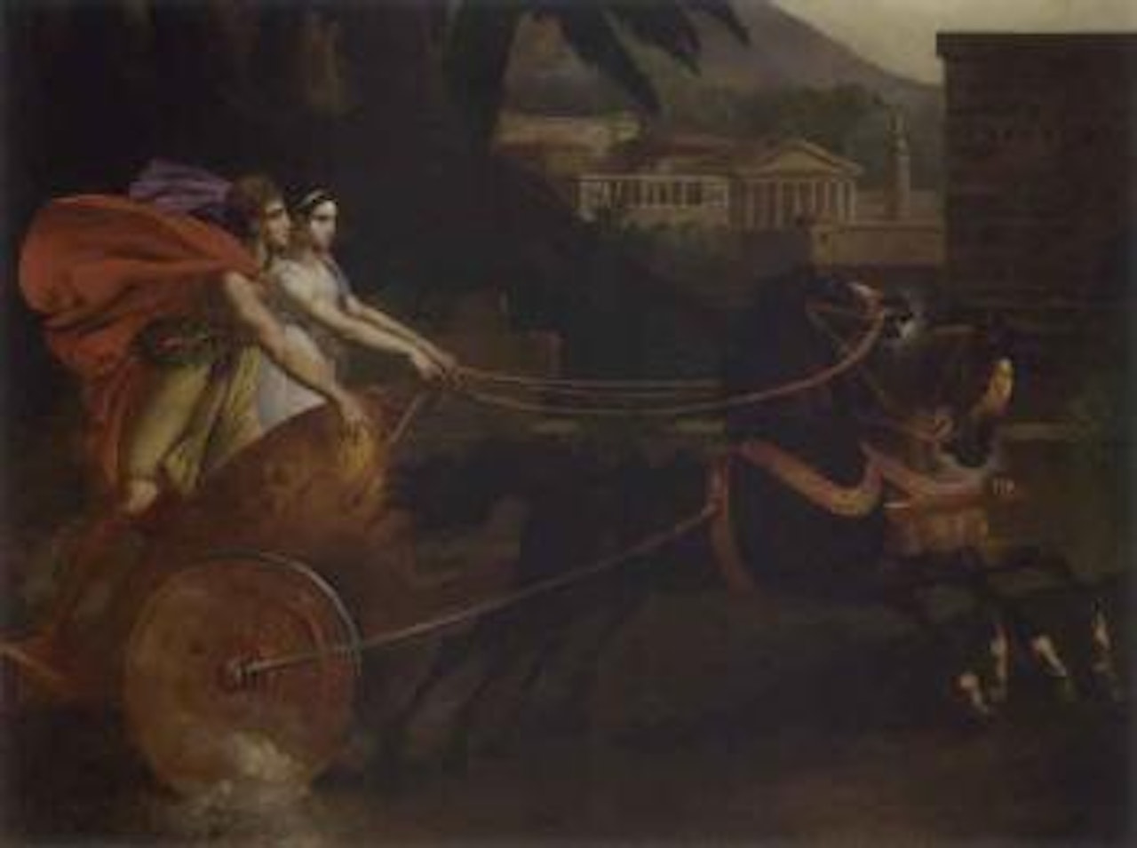 Charioteer with maiden, classical Roman temples by French School