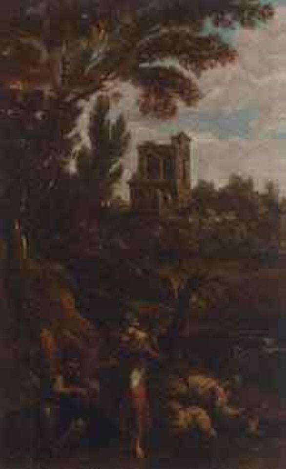 Shepherd playing bagpipes with maiden in landscape by Dutch School