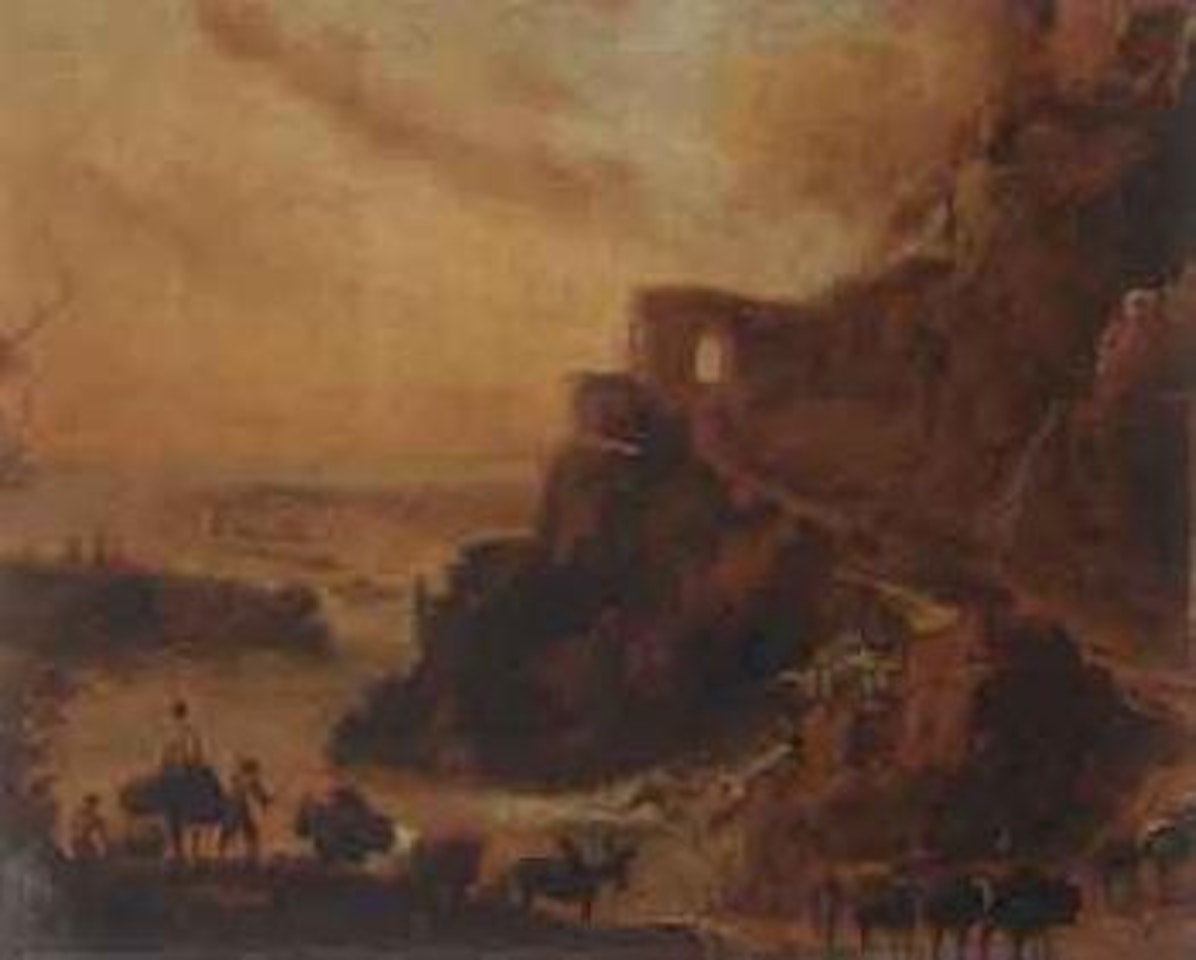 Drovers with cattle in rocky Italianate landscape by Nicolaes Pietersz Berchem