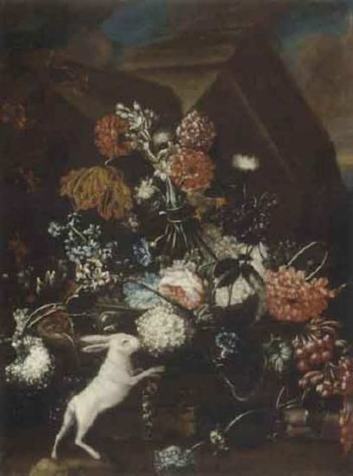 Carnations, bluebells, other flowers in bowl on ledge with white hare by Franz Werner von Tamm