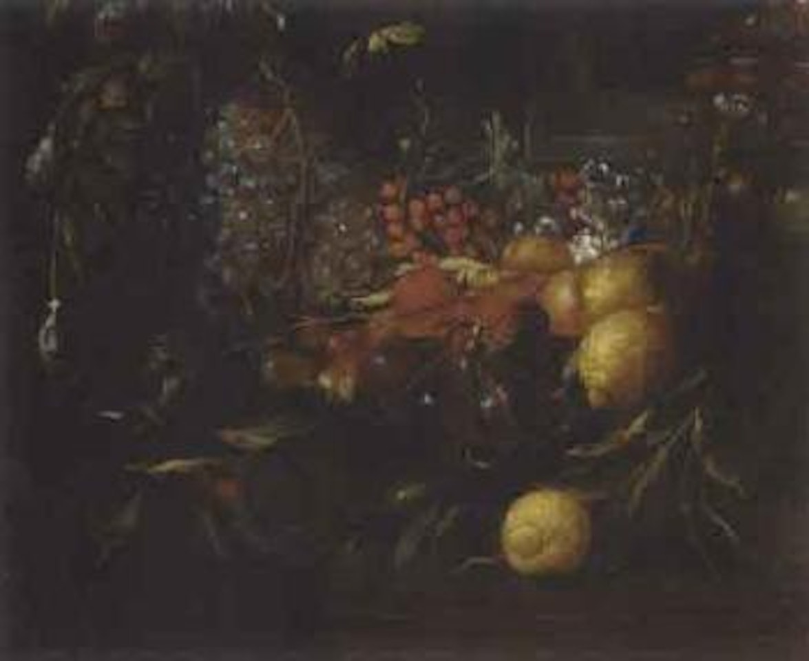 Swag of grapes, lemons, redcurrants, figs decorating niche by Jan Davidsz de Heem