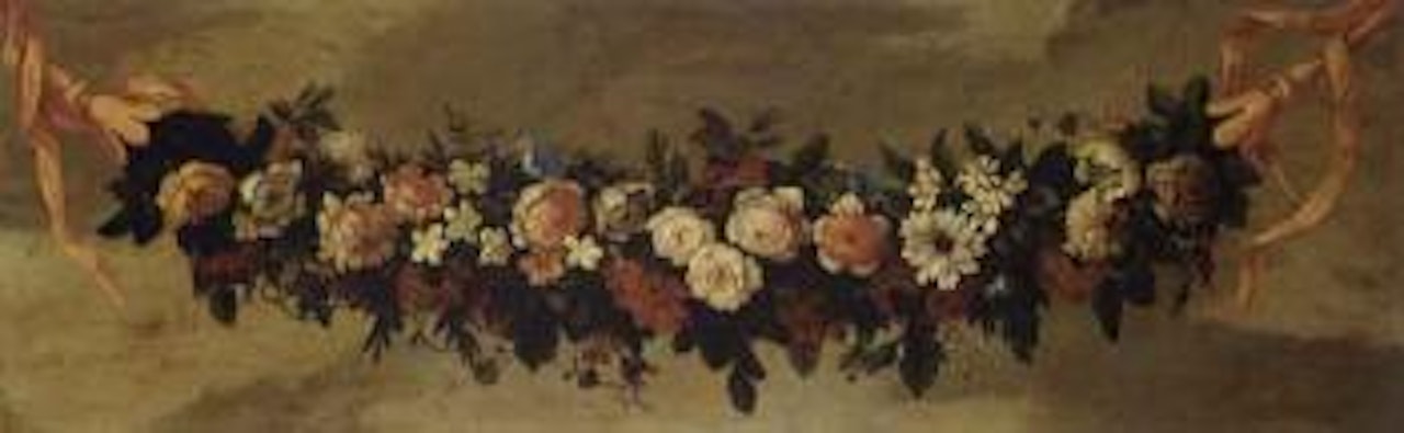 Swag of roses, carnations, daffodils, other flowers by French School