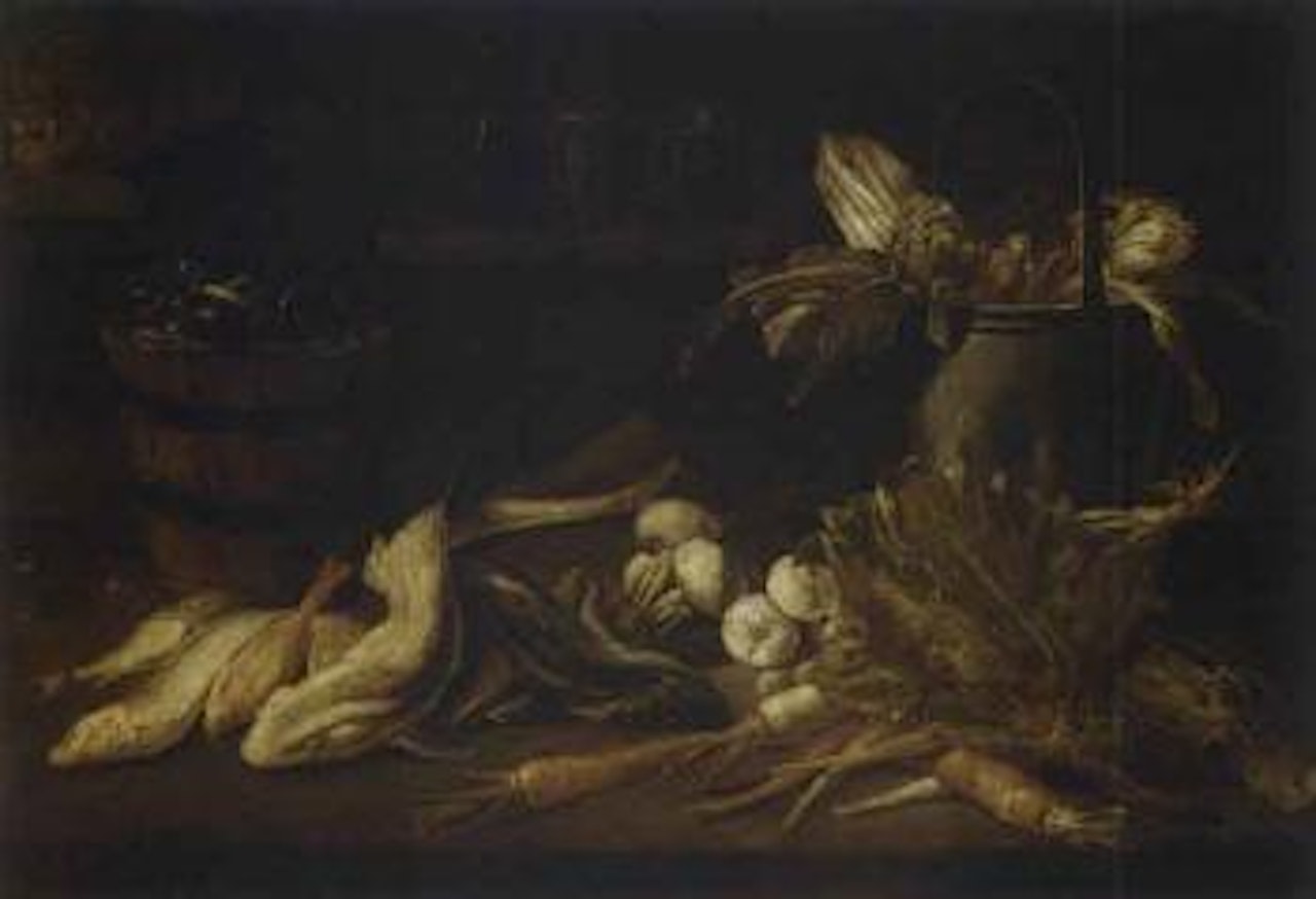 Barrel of mussels, dogfish, other fish with vegetables on ledge by Adriaen van Utrecht