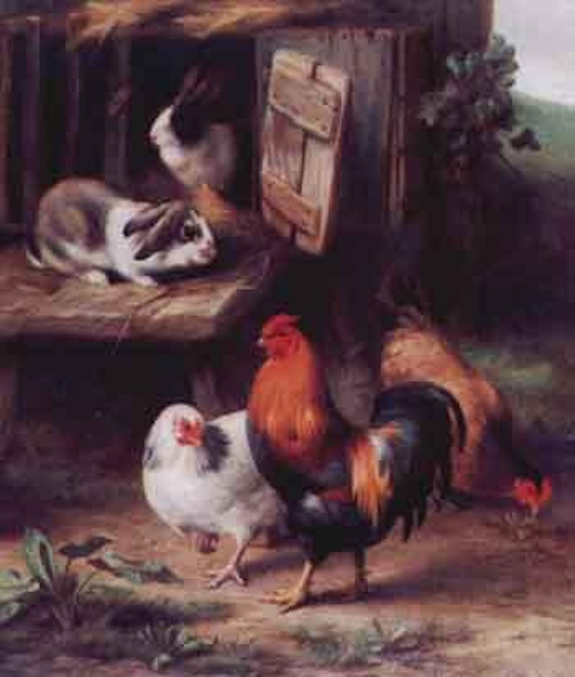 Hens and a cockerel by a rabbit hutch by Edgar Hunt