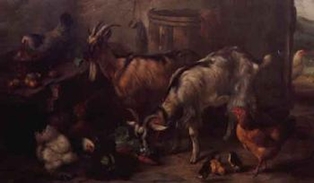 Two goats, hens and chickens in a barn by Edgar Hunt