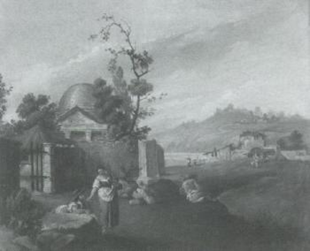 Southern landscape with shepherds. Southern landscape with temple by Italian School