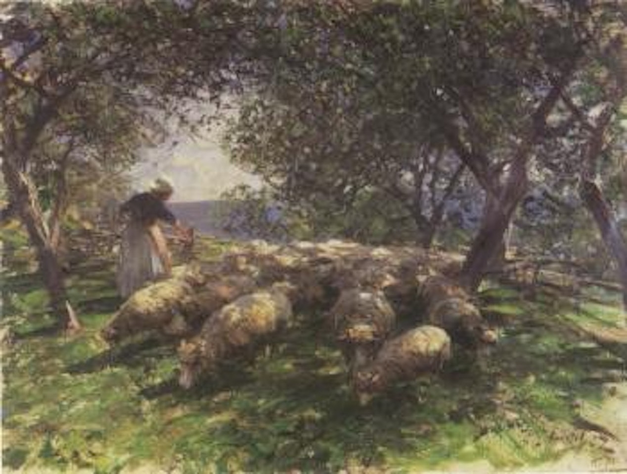 Young shepherdess opening gate by Heinrich von Zugel